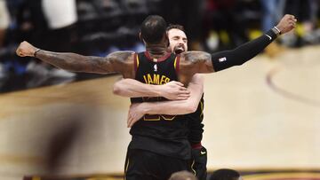 May 5, 2018; Cleveland, OH, USA; Cleveland Cavaliers forward LeBron James (23) and center Kevin Love (0) celebrate after James hit the final shot to win the game against the Toronto Raptors in game three of the second round of the 2018 NBA Playoffs at Quicken Loans Arena. Mandatory Credit: Ken Blaze-USA TODAY Sports