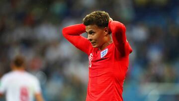 VOLGOGRAD, RUSSIA - JUNE 18: Dele Alli of England reacts during the 2018 FIFA World Cup Russia group G match between Tunisia and England at Volgograd Arena on June 18, 2018 in Volgograd, Russia. (Photo by Robbie Jay Barratt - AMA/Getty Images)