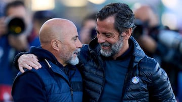 GETAFE, SPAIN - MARCH 19: Quique Sanchez Flores head coach of Getafe CF salutes with Jorge Sampaoli Manager of Sevilla FC prior the game   during the LaLiga Santander match between Getafe CF and Sevilla FC at Coliseum Alfonso Perez on March 19, 2023 in Getafe, Spain. (Photo by Diego Souto/Quality Sport Images/Getty Images)