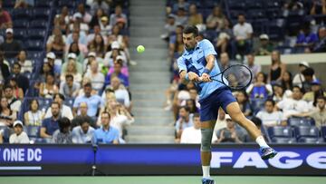 Serbia's Novak Djokovic returns the ball to Moldova's Radu Albot during their men's singles first round tennis match on day one of the US Open tennis tournament at the USTA Billie Jean King National Tennis Center in New York City, on August 26, 2024. (Photo by CHARLY TRIBALLEAU / AFP)