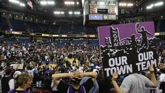 SACRAMENTO, CA - APRIL 13: Fans of the Sacramento Kings hold up signs against the Los Angeles Lakers on April 13, 2011 at Power Balence Pavilion in Sacramento, California. NOTE TO USER: User expressly acknowledges and agrees that, by downloading and/or us