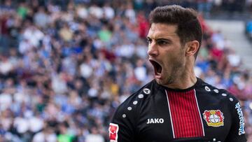 Bayer Leverkusen&#039;s Argentinian forward Lucas Alario celebrates scoring his side&#039;s 2nd goal during the German first division Bundesliga football match Hertha BSC Berlin v Bayer 04 Leverkusen, in Berlin on May 18, 2019. (Photo by Odd ANDERSEN / AFP) / RESTRICTIONS: DFL REGULATIONS PROHIBIT ANY USE OF PHOTOGRAPHS AS IMAGE SEQUENCES AND/OR QUASI-VIDEO