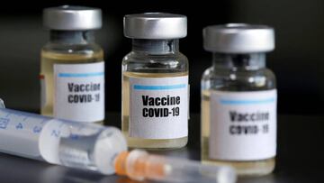FILE PHOTO: Small bottles labeled with a "Vaccine COVID-19" sticker and a medical syringe are seen in this illustration taken taken April 10, 2020. REUTERS/Dado Ruvic/File Photo