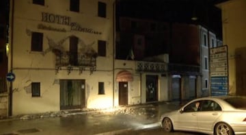 Still image from video shows cracks on the wall of a hotel after an earthquake in Visso, Italy October 26, 2016.