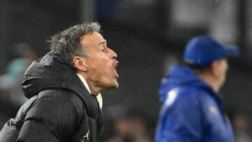 Paris Saint-Germain's Spanish headcoach Luis Enrique (L) reacts next to Marseillle's French head coach Jean Louis Gasset   during the French L1 football match between Olympique Marseille (OM) and Paris Saint-Germain (PSG) at Stade Velodrome in Marseille, southeastern France, on March 31, 2024. (Photo by CHRISTOPHE SIMON / AFP)