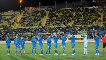 El equipo titular de Las Palmas saluda a su afición antes del partido contra la SD Huesca.