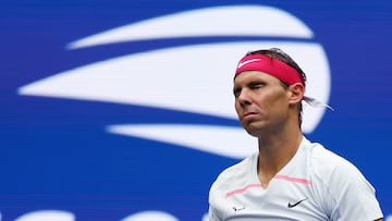 NEW YORK, NEW YORK - SEPTEMBER 05: Rafael Nadal of Spain reacts against Frances Tiafoe of the United States during their Men�s Singles Fourth Round match on Day Eight of the 2022 US Open at USTA Billie Jean King National Tennis Center on September 05, 2022 in the Flushing neighborhood of the Queens borough of New York City.   Mike Stobe/Getty Images/AFP
== FOR NEWSPAPERS, INTERNET, TELCOS & TELEVISION USE ONLY ==