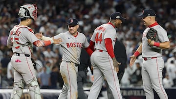 NEW YORK, NEW YORK - SEPTEMBER 30: (L to R) Carlos Narv�ez #75, Alex Bregman #2, Aroldis Chapman #44, and Nathaniel Lowe #37 of the Boston Red Sox celebrate after defeating the New York Yankees in game one of the American League Wild Card Series at Yankee Stadium on September 30, 2025 in the Bronx borough of New York City. Al Bello/Getty Images/AFP (Photo by AL BELLO / GETTY IMAGES NORTH AMERICA / Getty Images via AFP)