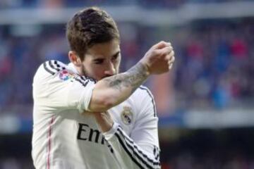Isco celebra el gol 1-0 durante el partido de la vigésimo tercera jornada de Liga de Primera División