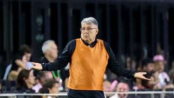 Inter Miami's Argentine coach Tata Martino reacts during the MLS football match between Inter Miami FC and Nashville SC at Chase Stadium in Fort Lauderdale, Florida, on April 20, 2024. (Photo by Chris ARJOON / AFP)