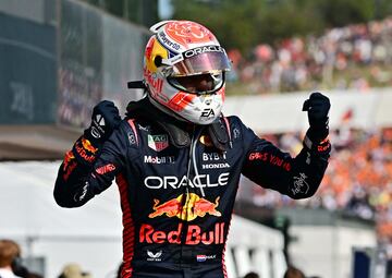 Alegría del piloto neerlandés tras proclamarse campeón del Gran Premio de Hungría de Fórmula 1.