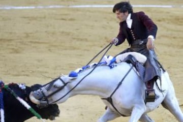 "Morante", el caballo del rejoneador Diego Ventura, muerde al toro durante la corrida mixta celebrada esta tarde en la Feria de Nuestra Señora de San Lorenzo de Valladolid.
