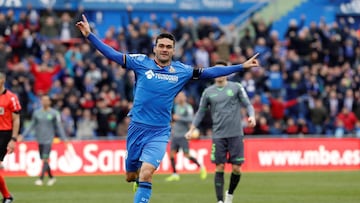 GRAF7354. Getafe (Spain), 15/12/2018.- Getafe's FC forward Jorge Molina celebrates after scoring a goal during the Primera Division Liga match between Getafe FC and Real Sociedad held at Alfonso Perez Coliseum in Getafe, Spain, 15 December 2018. (Esp