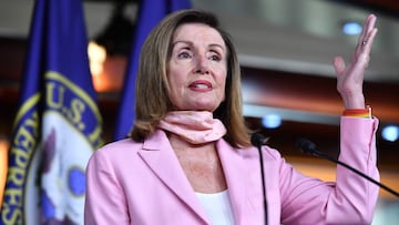 (FILES) In this file photo taken on July 31, 2020 House Speaker Nancy Pelosi speaks during her weakly press conference at the US Capitol in Washington, DC. - The top Democrat in the House of Representatives accused Republicans on January 11, 2021 of endan