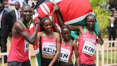 Asbel Kiprop, Beatrice Chepkoech, Winnie Mbithe y Bernard Koros, el equipo de relevo mixto de Kenia.