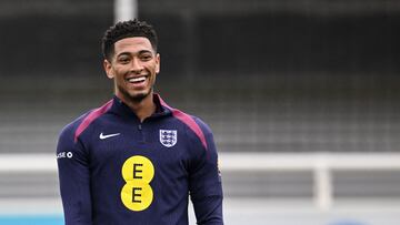 England's midfielder Jude Bellingham takes part in a team training session at St George's Park in Burton-on-Trent, central England, on March 20, 2024 ahead of their friendly football match against Brasil. (Photo by JUSTIN TALLIS / AFP)