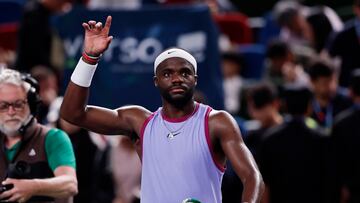 Tennis - Shanghai Masters - Qizhong Forest Sports City Arena, Shanghai, China - October 7, 2024 Frances Tiafoe of the U.S. celebrates after winning his round of 64 match against China's Zhou Yi REUTERS/Tingshu Wang