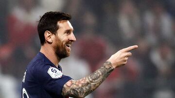 Decines Charpieu (France), 18/09/2022.- Paris Saint Germain's Lionel Messi celebrates after scoring the 1-0 lead during the French Ligue 1 soccer match between Olympique Lyonnais and Paris Saint-Germain (PSG) in Decines, near Lyon, France, 18 September 2022. (Francia) EFE/EPA/Mohammed Badra