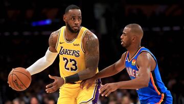 LOS ANGELES, CALIFORNIA - NOVEMBER 19: LeBron James #23 of the Los Angeles Lakers controls the ball against Chris Paul #3 of the Oklahoma City Thunder during the second half of a game at Staples Center on November 19, 2019 in Los Angeles, California. NOTE TO USER: User expressly acknowledges and agrees that, by downloading and/or using this photograph, user is consenting to the terms and conditions of the Getty Images License Agreement Sean M. Haffey/Getty Images/AFP
== FOR NEWSPAPERS, INTERNET, TELCOS & TELEVISION USE ONLY ==
