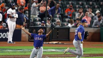 HOUSTON, TEXAS - OCTOBER 23: Jose Leclerc #25 of the Texas Rangers celebrates the final out to defeat the Houston Astros in Game Seven to win the American League Championship Series at Minute Maid Park on October 23, 2023 in Houston, Texas.   Rob Carr/Getty Images/AFP (Photo by Rob Carr / GETTY IMAGES NORTH AMERICA / Getty Images via AFP)