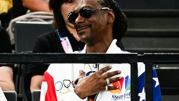 US singer Snoop Dogg attends the artistic gymnastics women's qualification during the Paris 2024 Olympic Games at the Bercy Arena in Paris, on July 28, 2024. (Photo by Loic VENANCE / AFP)