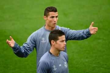James (front) trains with Cristiano Ronaldo ahead of Tuesday's Champions League encounter.