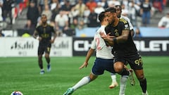 Nov 5, 2023; Vancouver, British Columbia, CAN; Los Angeles FC forward Denis Bouanga (99) moves the ball against Vancouver Whitecaps defender Mathias Laborda (2) during the first half of game two in a round one match of the 2023 MLS Cup Playoffs at BC Place. Mandatory Credit: Anne-Marie Sorvin-USA TODAY Sports