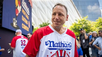 Joey Chestnut, 16-time champion, enters the official weigh-in ceremony, ahead of Coney Island's 2025 Nathan's Famous Fourth of July International Hot Dog Eating Contest, in New York City, U.S., July 3, 2025.REUTERS/Angelina Katsanis