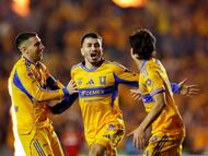 Soccer Football - Liga MX - Final - First Leg - Tigres UANL v Toluca - Estadio Universitario, Monterrey, Mexico - December 11, 2025 Tigres UANL's Angel Correa celebrates scoring their first goal with his teammates REUTERS/Daniel Becerril TPX IMAGES OF THE DAY