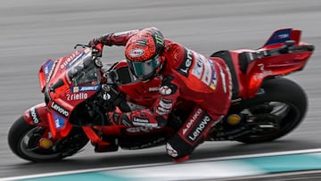 Ducati Lenovo Team's Italian rider Francesco Bagnaia rides during the first free practice of the MotoGP Malaysian Grand Prix at the Sepang International Circuit in Sepang on November 1, 2024. (Photo by Lillian SUWANRUMPHA / AFP)