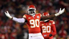 KANSAS CITY, MISSOURI - JANUARY 13: Defensive end Charles Omenihu #90 of the Kansas City Chiefs during the AFC Wild Card Playoff game against the Miami Dolphins at GEHA Field at Arrowhead Stadium on January 13, 2024 in Kansas City, Missouri.   Jamie Squire/Getty Images/AFP (Photo by JAMIE SQUIRE / GETTY IMAGES NORTH AMERICA / Getty Images via AFP)