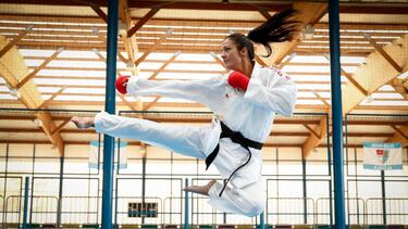 Cristina Vizcaino, spanish karate fighter in kumite, poses for photo at Ciudad Deportiva Municipal El Val in Alcala de Henares, Madrid, Spain, on june 01, 2020. 01/06/2020 ONLY FOR USE IN SPAIN