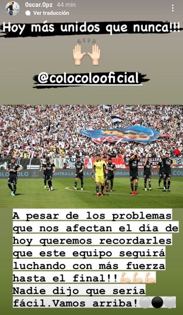 Los jugadores de Colo Colo, ausentes ante Audax Italiano por la crisis desatada por el coronavirus, le enviaron su apoyo a los juveniles que representarán al Cacique en Rancagua.