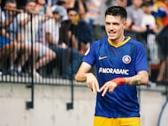 Lautaro of FC Andorra players celebrates after scoring a goal during the first leg semi-final match of the 2024-2025 First RFEF League between FC Andorra and UD Ibiza at the Estadi de la FAF in Encamp, Andorra, on June 1, 2025. (Photo by Martin Silva Cosentino/NurPhoto via Getty Images)