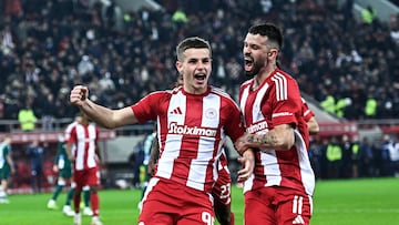 Christos Mouzakitis of Olympiacos FC celebrates a goal with his teammates during the Greek Cup, Quarter Final, Leg 2 of 2 match between Olympiacos FC and Panathinaikos FC at Georgios Karaiskakis Stadium in Piraeus, Greece, on February 5, 2025. (Photo by Stefanos Kyriazis/NurPhoto via Getty Images)