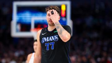 Jan 24, 2024; Dallas, Texas, USA; Dallas Mavericks guard Luka Doncic (77) reacts during the third quarter against the Phoenix Suns at American Airlines Center. Mandatory Credit: Kevin Jairaj-USA TODAY Sports