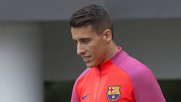 Cristian Tello, en un entrenamiento durante la estadía del Barcelona en Inglaterra.