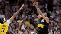 DENVER, COLORADO - APRIL 22: Jamal Murray #27 of the Denver Nuggets puts up a last second shot against Anthony Davis #3 in the fourth quarter to defeat the Los Angeles Lakers during game two of the Western Conference First Round Playoffs at Ball Arena on April 22, 2024 in Denver, Colorado. NOTE TO USER: User expressly acknowledges and agrees that, by downloading and or using this photograph, User is consenting to the terms and conditions of the Getty Images License Agreement.   Matthew Stockman/Getty Images/AFP (Photo by MATTHEW STOCKMAN / GETTY IMAGES NORTH AMERICA / Getty Images via AFP)