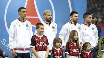 Angel Di Maria, Neymar Jr, Lionel Messi, Marco Verratti of PSG before the French championship Ligue 1 football match between OGC Nice (OGCN) and Paris Saint-Germain (PSG) on March 5, 2022 at Allianz Riviera stadium in Nice, France - Photo Jean Catuffe / D