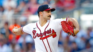 ATLANTA, GEORGIA - AUGUST 1: Spencer Strider #99 of the Atlanta Braves pitches during the first inning against the Los Angeles Angels at Truist Park on August 1, 2023 in Atlanta, Georgia.   Todd Kirkland/Getty Images/AFP (Photo by Todd Kirkland / GETTY IMAGES NORTH AMERICA / Getty Images via AFP)