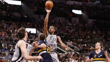 Apr 2, 2017; San Antonio, TX, USA; San Antonio Spurs small forward Kawhi Leonard (2) shoots the ball over Utah Jazz center Rudy Gobert (27) during the second half at AT&T Center. Mandatory Credit: Soobum Im-USA TODAY Sports