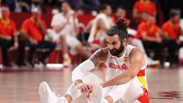 Ricky Rubio, con el ceño fruncido, en su último partido con la Selección española hasta el momento: los cuartos de final de los Juegos de Tokio en 2021.