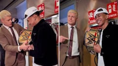 Lamine Yamal meets WWE Champion Cody Rhodes and poses with the championship belt