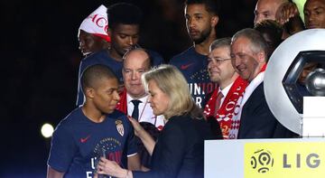 Prince Albert II of Monaco, Kylian Mbappe of Monaco, President of LFP (French Football League), President of AS Monaco Dmitri Rybolovlev, Vice President of AS Monaco Vadim Vasilyev during the French Ligue 1 Championship title celebration following the Fre