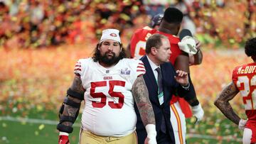LAS VEGAS, NEVADA - FEBRUARY 11: Jon Feliciano #55 of the San Francisco 49ers reacts after losing to the Kansas City Chiefs 25-22 in overtime during Super Bowl LVIII at Allegiant Stadium on February 11, 2024 in Las Vegas, Nevada. Steph Chambers/Getty Images/AFP (Photo by Steph Chambers / GETTY IMAGES NORTH AMERICA / Getty Images via AFP)
