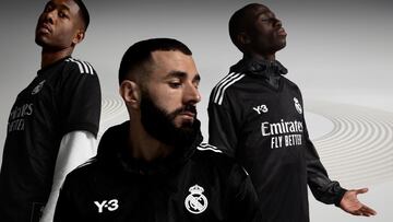 David Alaba, Karim Benzema y Ferland Mendy, con la camiseta negra que el Real Madrid estrenará en el Clásico.