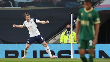 Tottenham Hotspur&#039;s Welsh midfielder Gareth Bale celebrates scoring his team&#039;s first goal during the English Premier League football match between Tottenham Hotspur and Sheffield United at Tottenham Hotspur Stadium in London, on May 2, 2021. (Ph