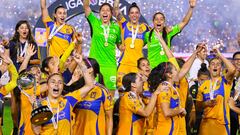   Nayeli Rangel, Cecilia Santiago Jennifer Hermoso, Ofelia Solis the Champions of Tigres during the second leg of the Campeon de Campeonas Liga BBVA MX Femenil match between Monterrey vs Tigres UANL at Universitario Stadium, on July 01, 2024 in Monterrey, Nuevo Leon, Mexico.