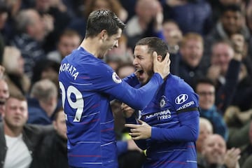 Chelsea's Alvaro Morata, left, celebrates with teammate Eden Hazard after scoring his side's second goal during the match between Chelsea and Crystal Palace at Stamford Bridge on Nov. 4