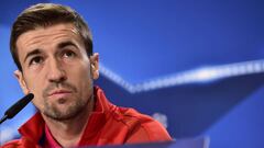 Atletico Madrid&#039;s midfielder Gabi looks on during a press conference at the Vicente Calderon stadium in Madrid on April 11, 2017 on the eve of the UEFA Champions League quarter final first leg football match Atletico de Madrid vs Leicester City. / AFP PHOTO / GERARD JULIEN